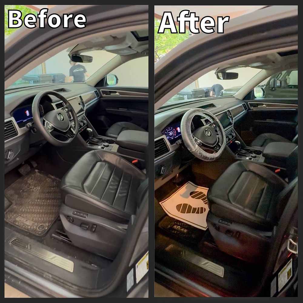 "Before and after" of Volkswagen Tiguan SUV interior driver seat.