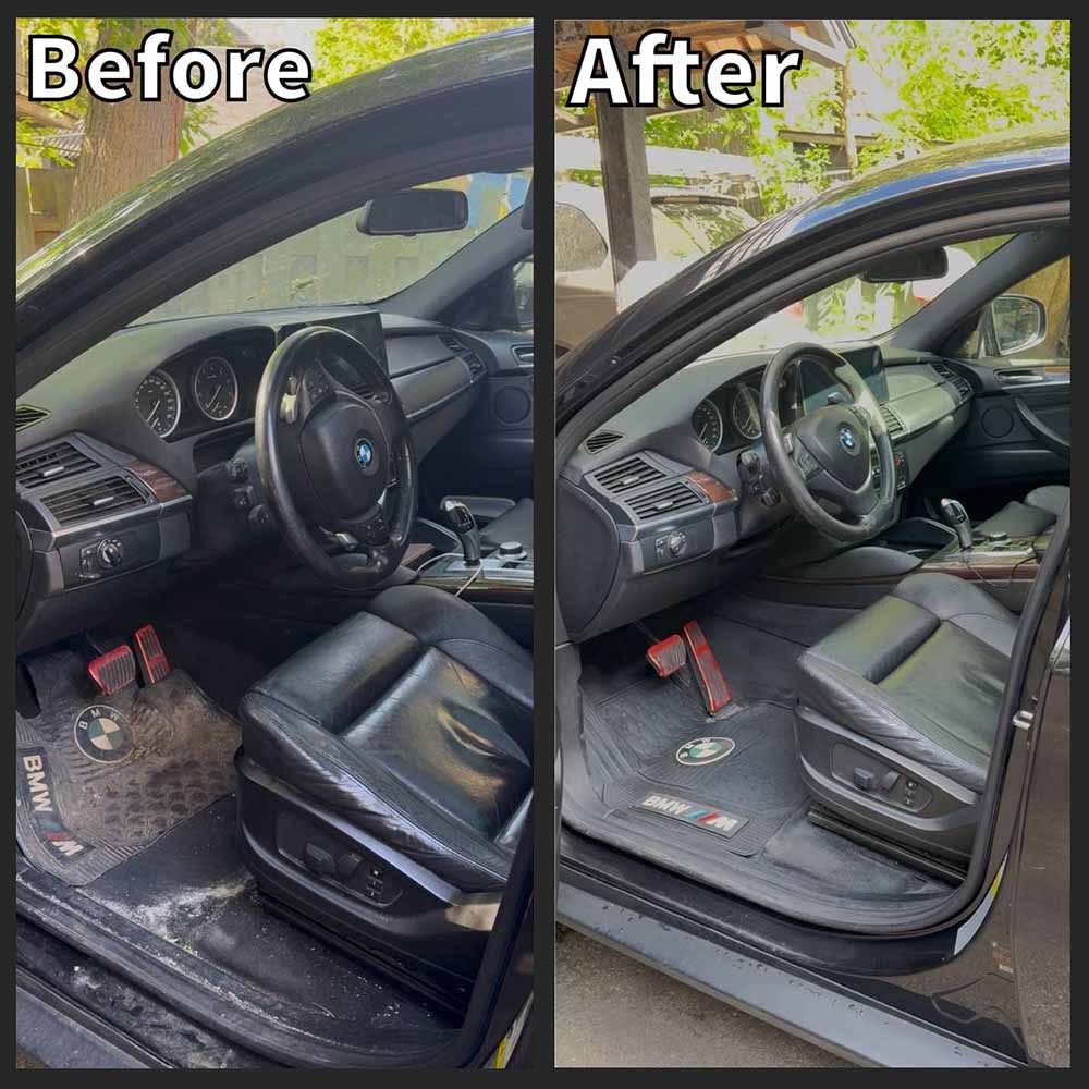 Before and After of BMW X5 driver seat and console.